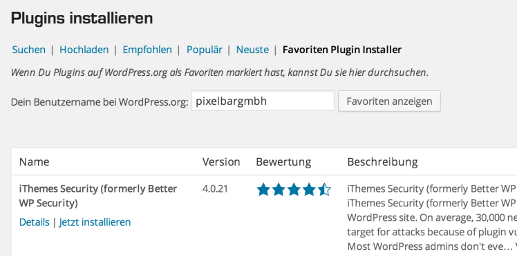 WordPress Favoriten Installieren Liste aufrufen