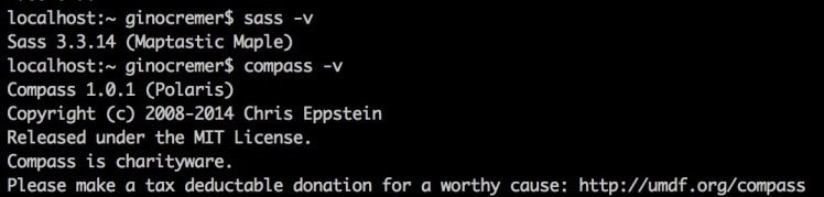 Die Eingabe von sass –v und compass –v in der Kommandozeile gibt die installierte SASS- respektive COMPASS-Version aus